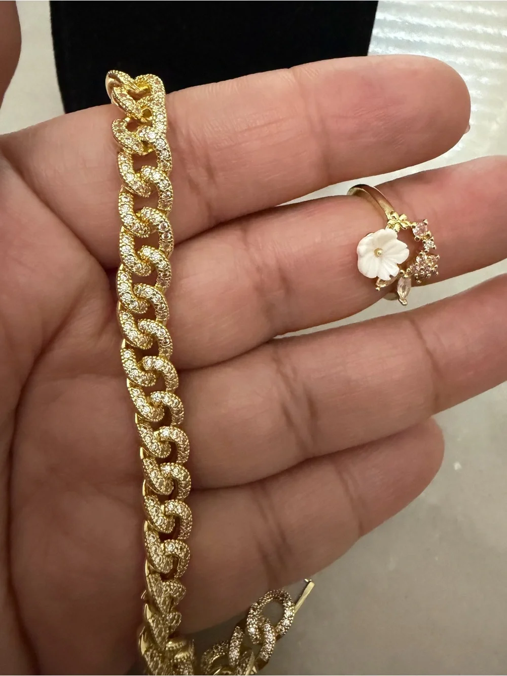 Gold Chain Bracelet with Floral Accent Ring - Women Jewelry